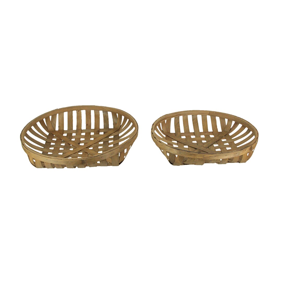 Round Natural Woven Wood Tobacco Basket Tray Decorative Serving Display Set of 2, Color: Brown, Count: 2, Size: 21.75 in